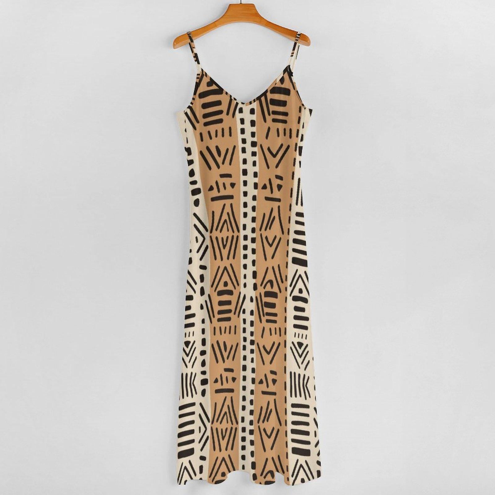 Brown Tones Kahawi - Womens  Ankle-length Slip Dress - African - Mud Cloth Pattern