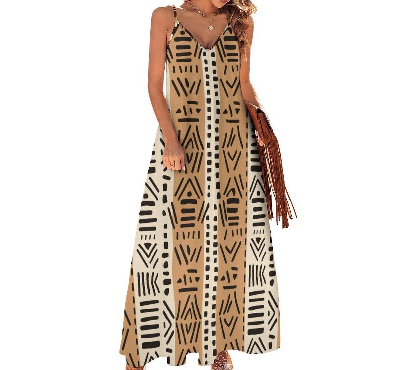 Brown Tones Kahawi - Womens  Ankle-length Slip Dress - African - Mud Cloth Pattern