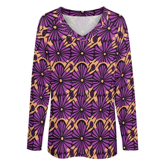 Royal Flower - Womens - V-neck Loose Long Sleeve T-shirt - African - Ankara Pattern