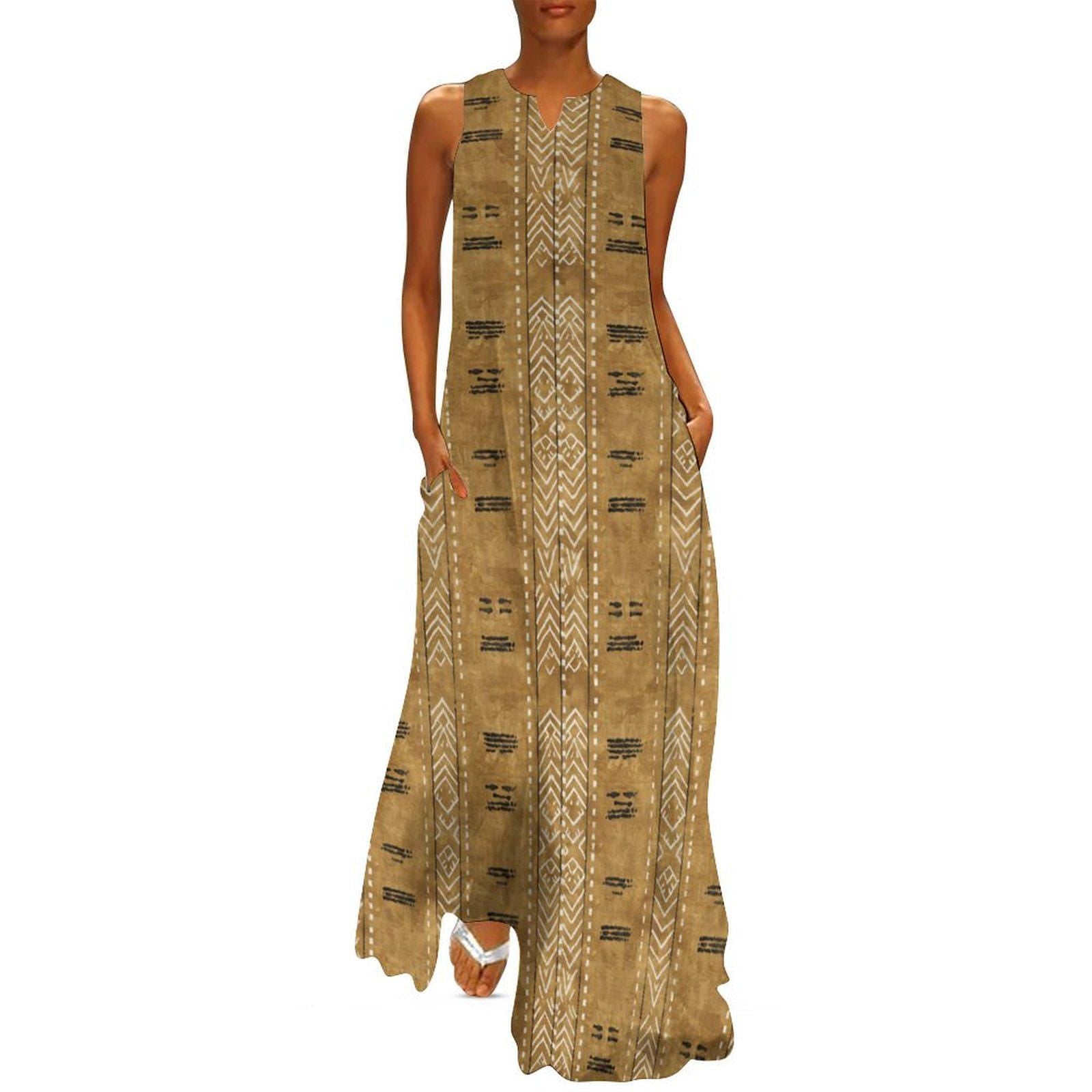 Kahawia Light - Womens - Sleeveless Ankle-length Dress - African - Mud Cloth Pattern