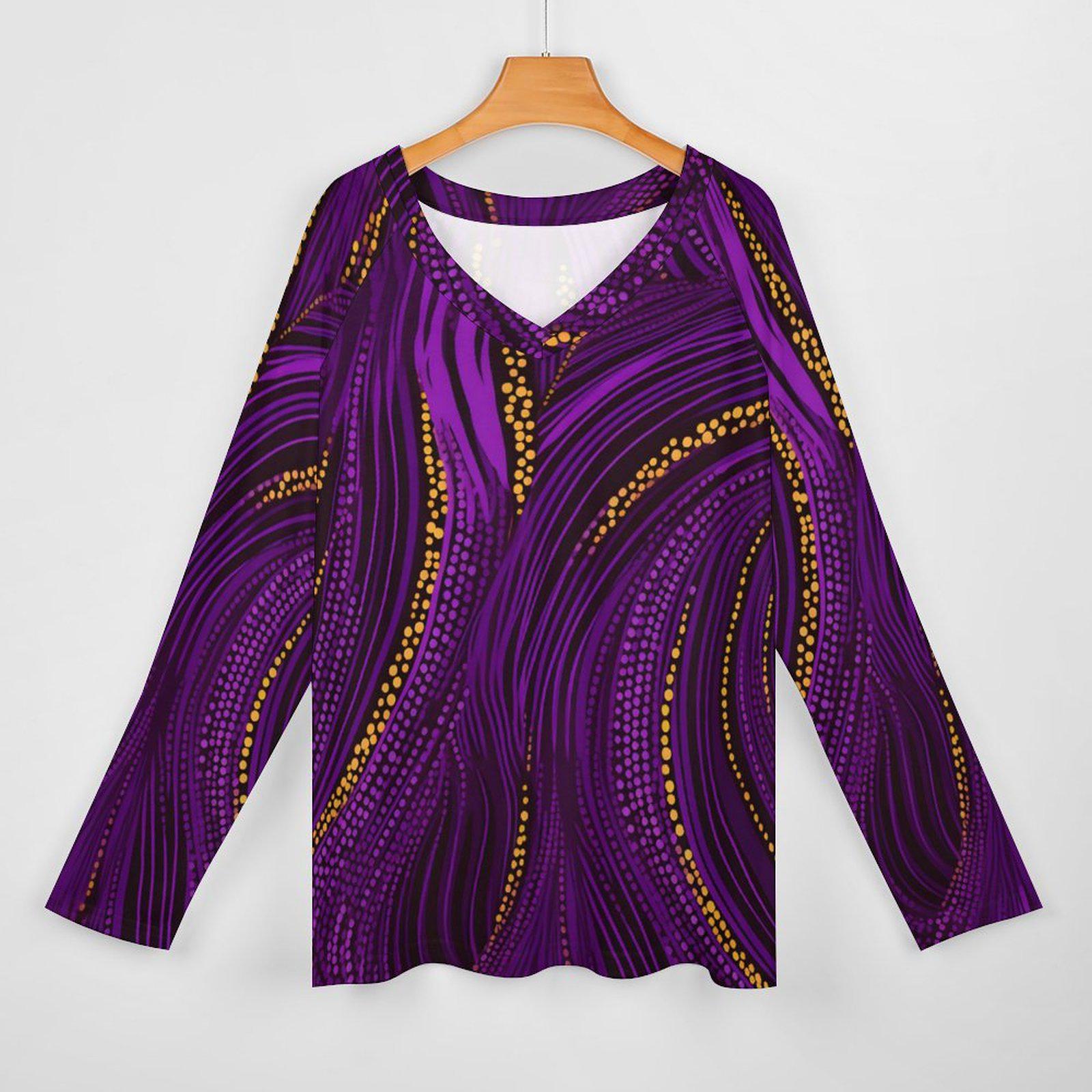 Royal Gold - Womens - V-neck Loose Long Sleeve T-shirt - African Ankara Pattern