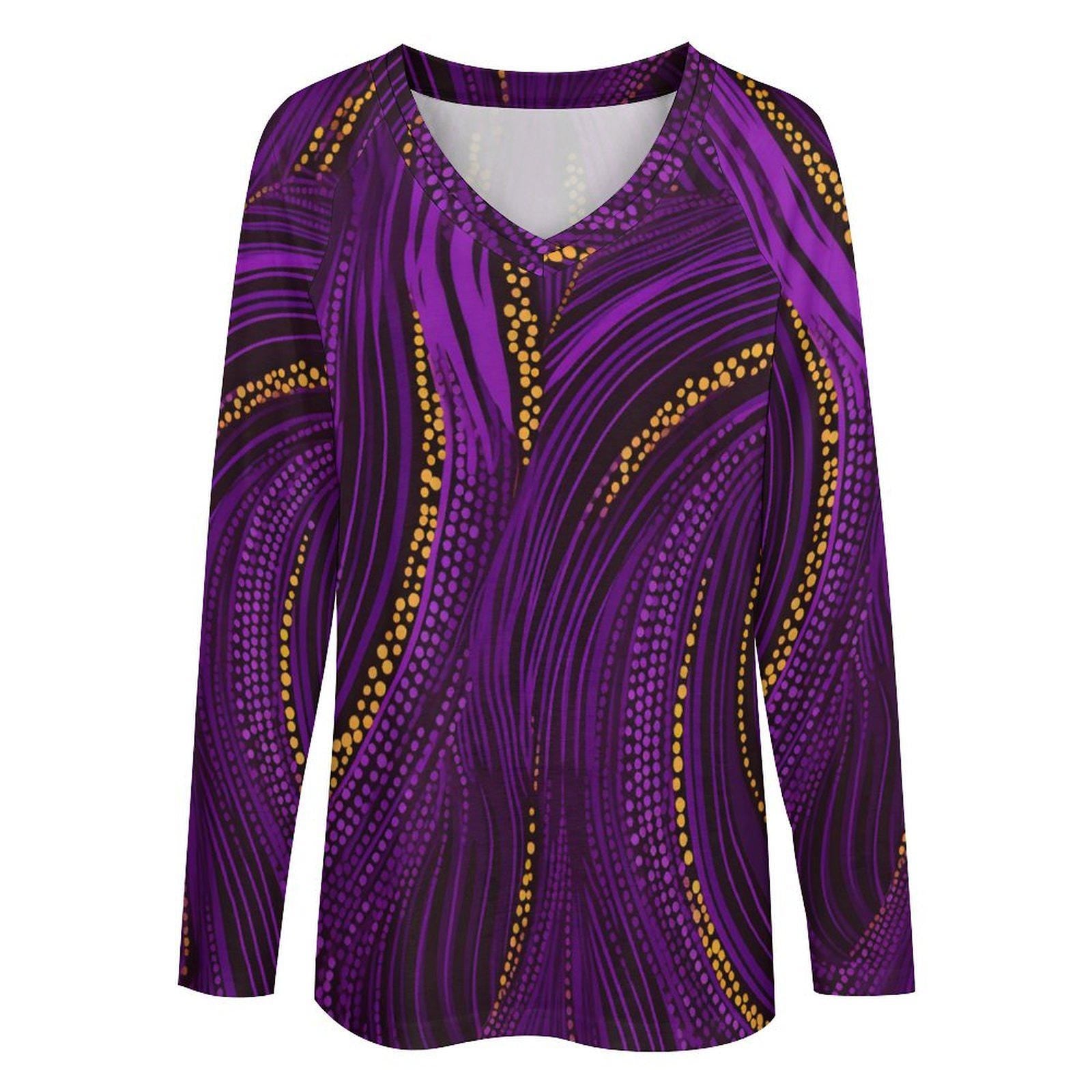 Royal Gold - Womens - V-neck Loose Long Sleeve T-shirt - African Ankara Pattern