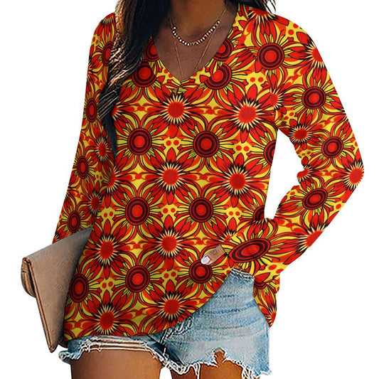 Sun Fire - Womens - V-neck Loose Long Sleeve Shirt - African - Ankara Pattern - T-shirts - KumbatiaKulture