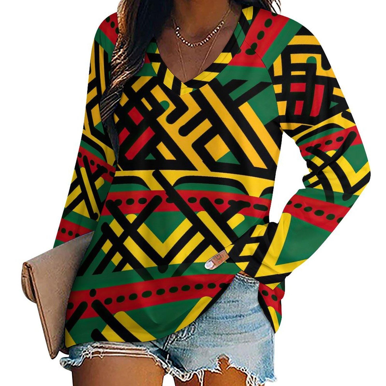 Unity - Womens - V-neck Loose Long Sleeve Shirt - African - Ankara Pattern