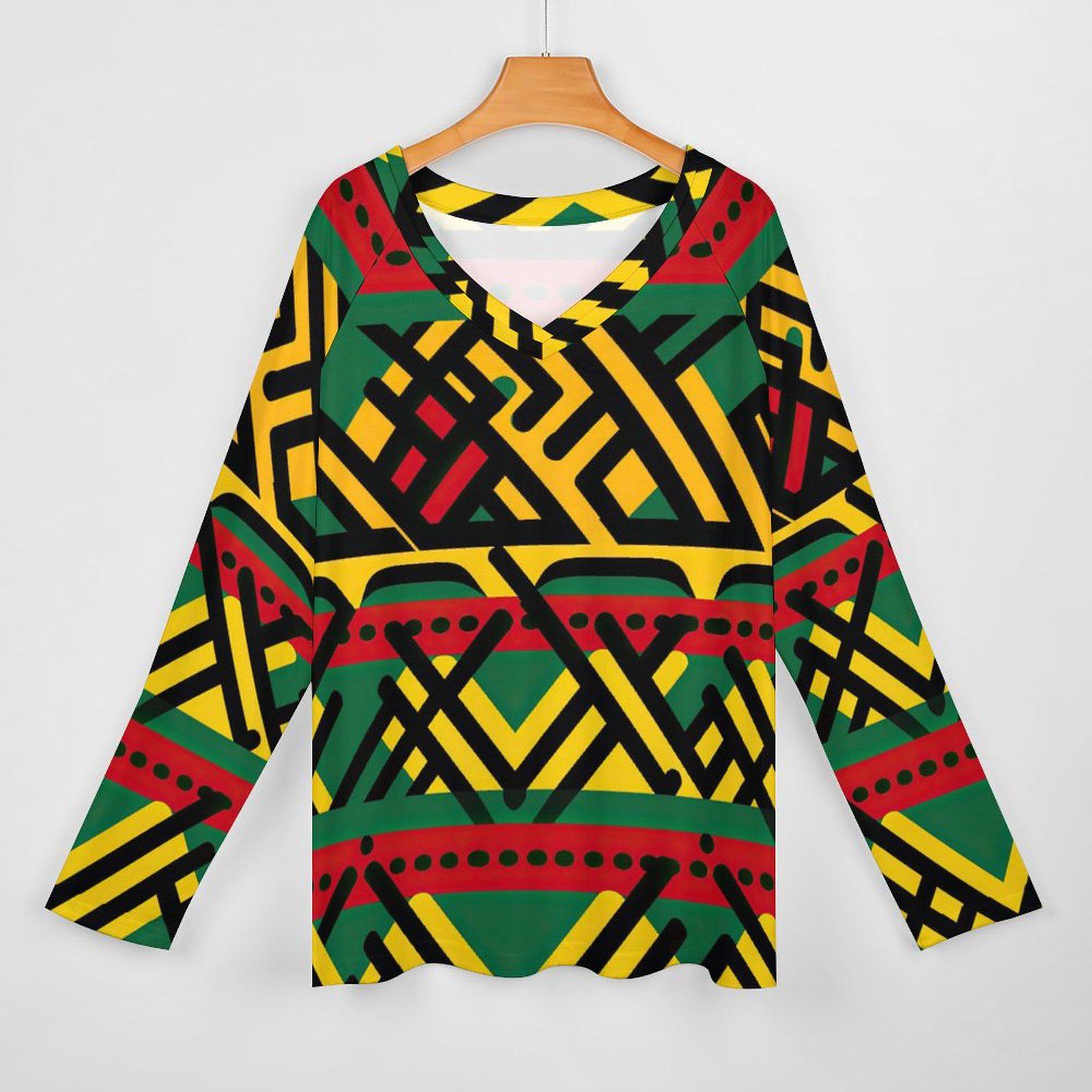 Unity - Womens - V-neck Loose Long Sleeve Shirt - African - Ankara Pattern