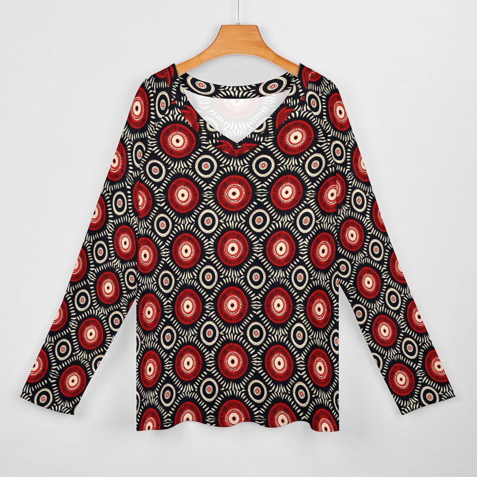 Bull's Eye - Womens - V-neck Loose Long Sleeve Shirt - African - Ankara Pattern - T-shirts - KumbatiaKulture