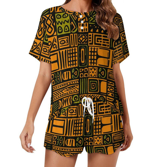 Wood Carving - Womens - Short Pajama Set - African - Mud Cloth Pattern - Sets - KumbatiaKulture