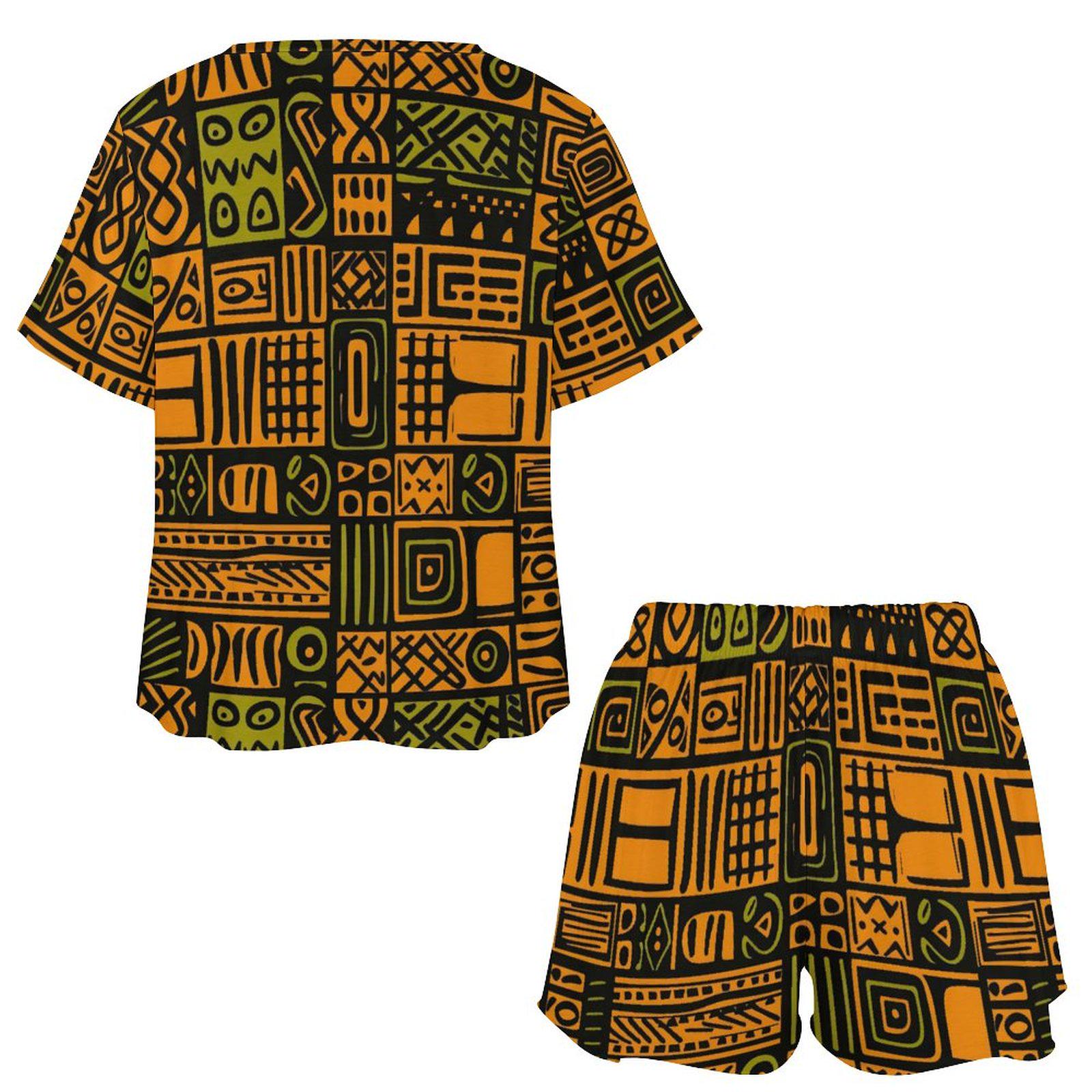 Wood Carving - Womens - Short Pajama Set - African - Mud Cloth Pattern - Sets - KumbatiaKulture