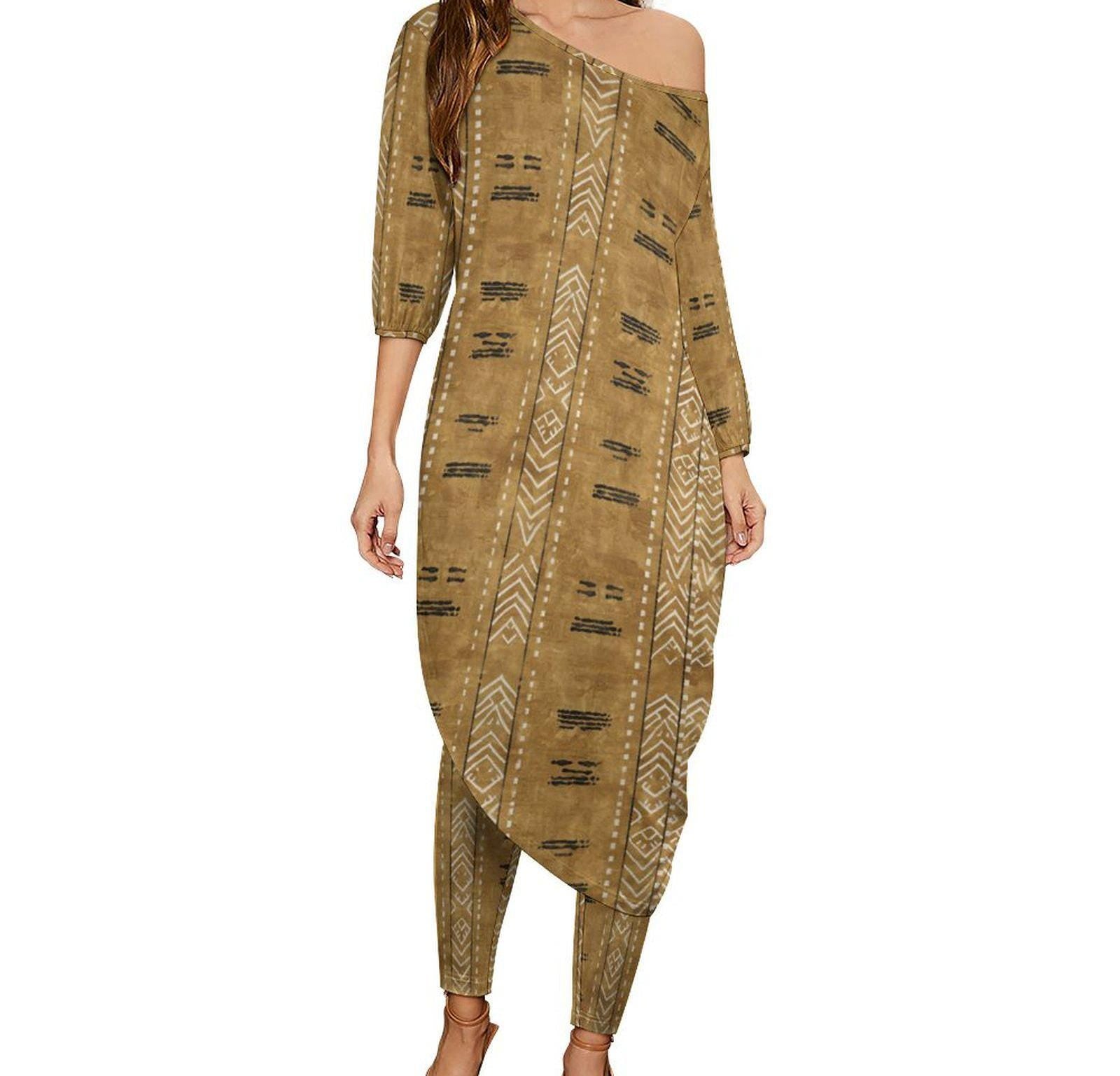 Yoruba - Womens - Diagonal Shoulder - Kurta - Kurti - Two Piece Set - African - Mud Cloth Pattern