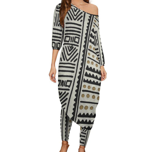 Inky - Women - Diagonal Shoulder - Kurta - Kurti - Two Piece Set - African - Mud Cloth Pattern