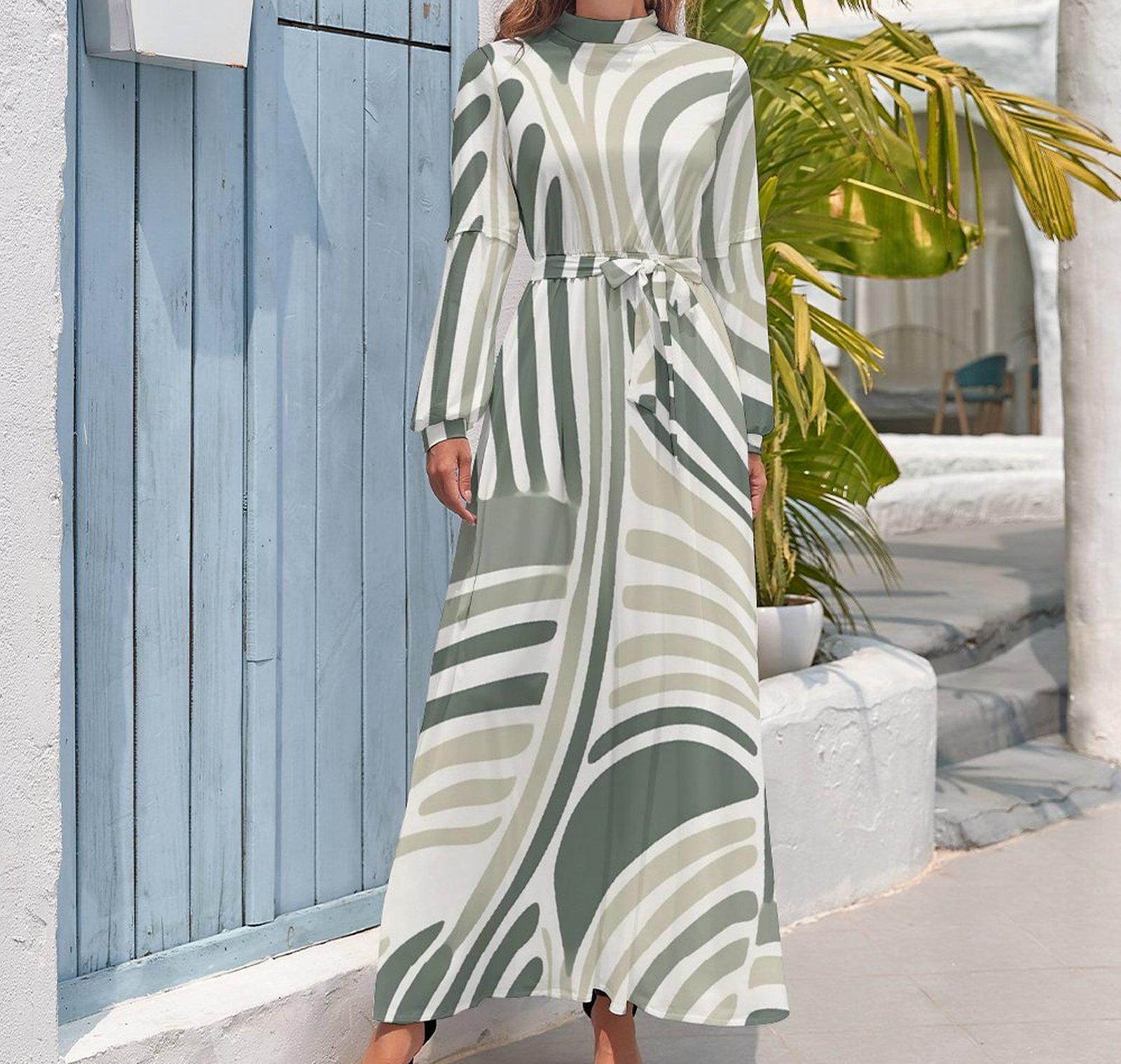 Green Waters Boho - Womens - Turtle Neck Long Dress - Bohemian - Boho Pattern