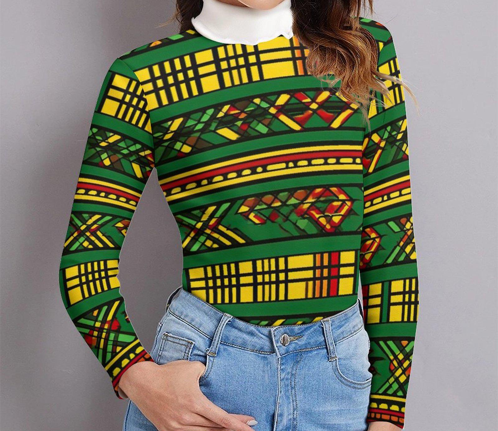 Vibrance African - Women Long Sleeve Turtleneck Sweater - African Ankara Pattern - Sweatshirts - KumbatiaKulture