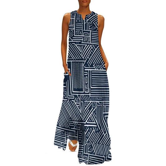 Essence - Womens - Sleeveless Ankle-length Dress - African Mud cloth Pattern