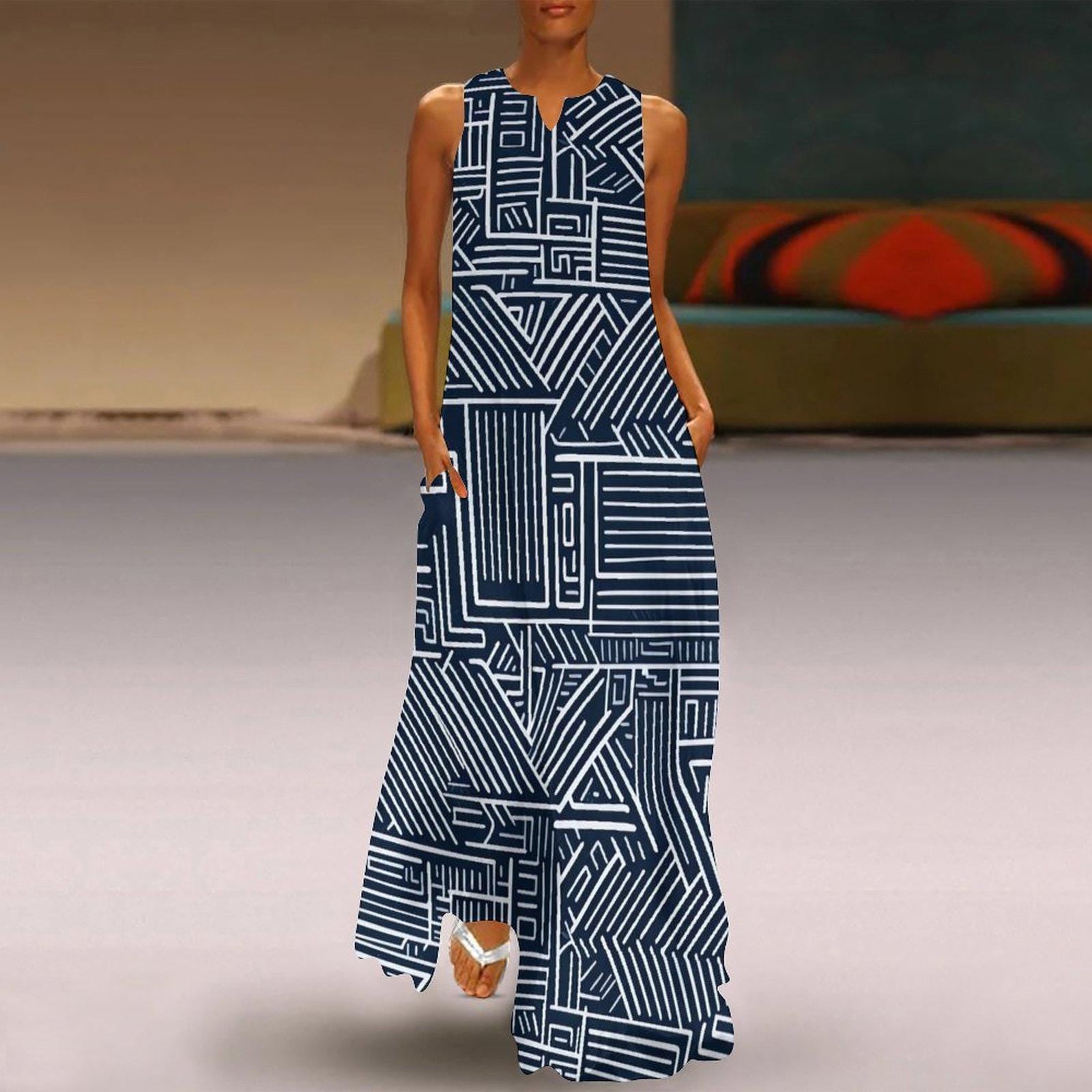 Essence - Womens - Sleeveless Ankle-length Dress - African Mud cloth Pattern