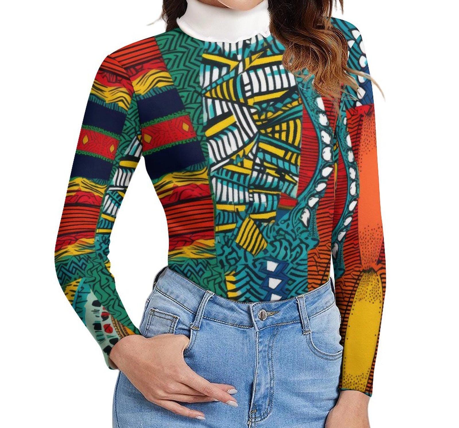 Collage - Womens -  Long Sleeve Turtleneck Sweater - African Ankar Pattern