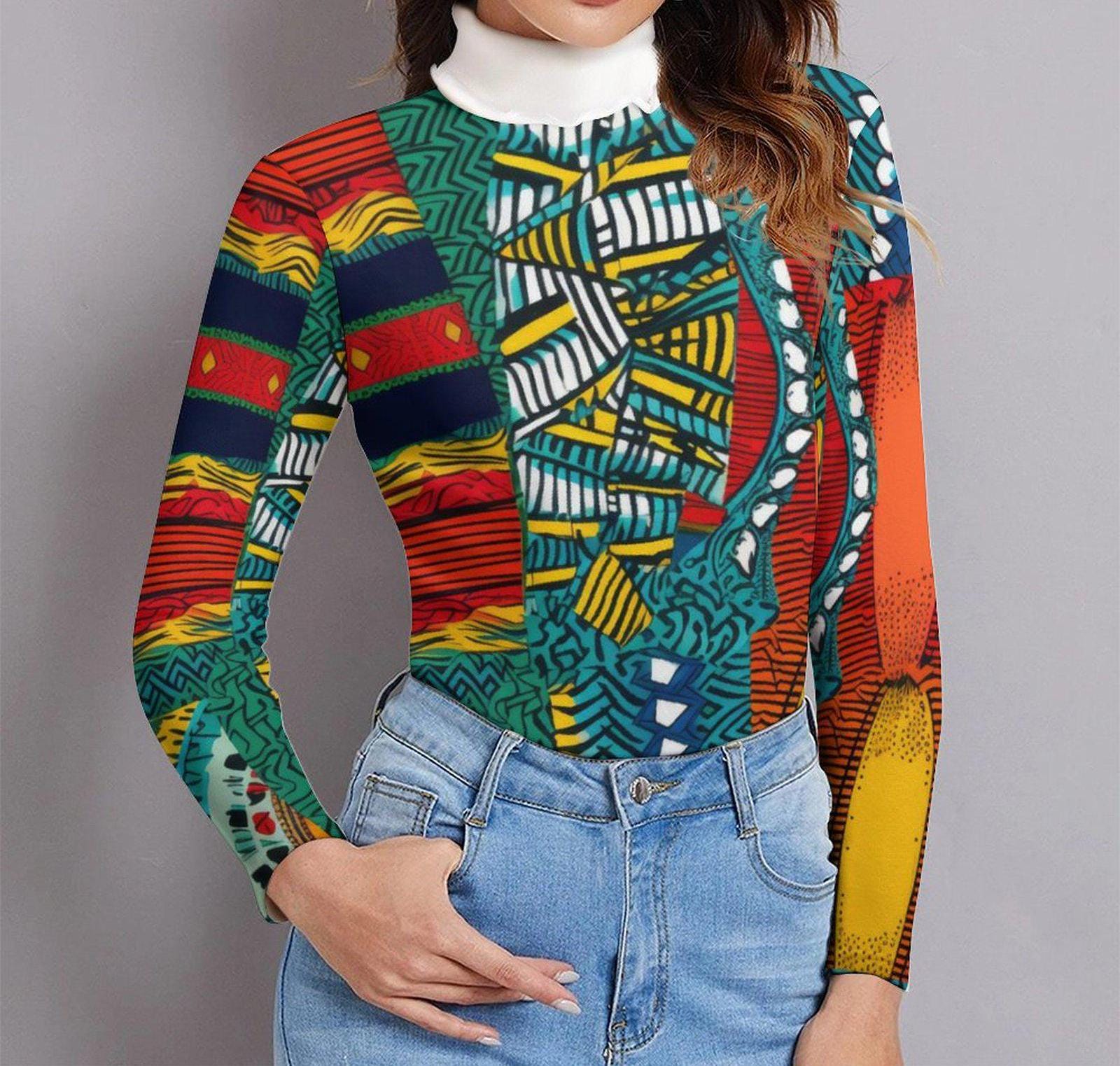 Collage - Womens -  Long Sleeve Turtleneck Sweater - African Ankar Pattern