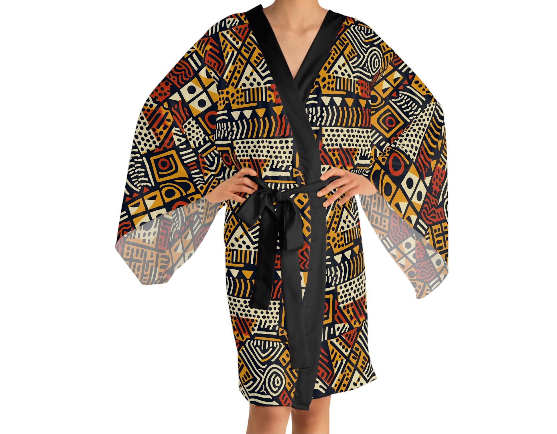 Neutral Bohemian - Womens - Long Sleeve Kimono Robe - African - Ankara Pattern