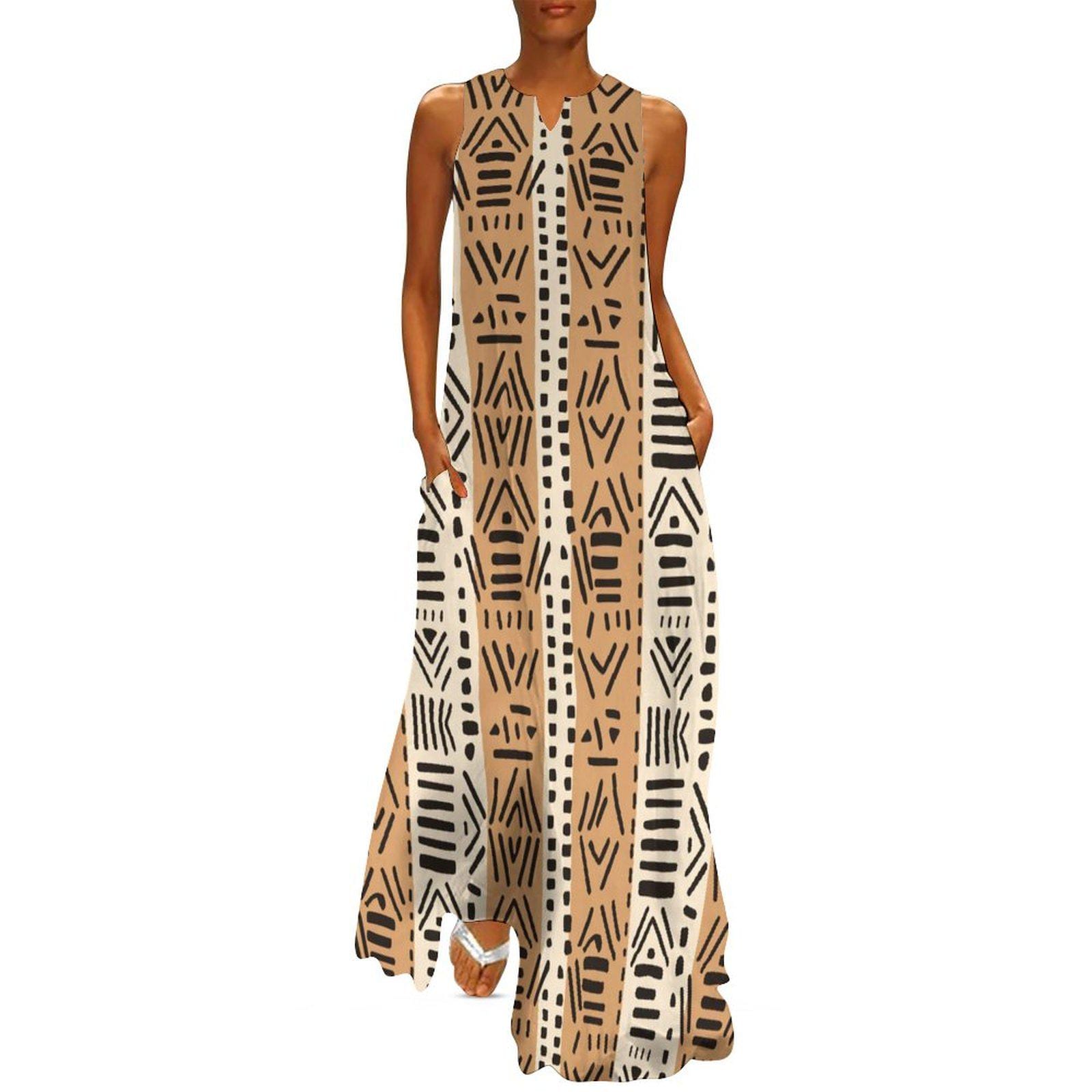 Brown Tones - Womens - Sleeveless Ankle-length Dress - African - Mud Cloth Pattern