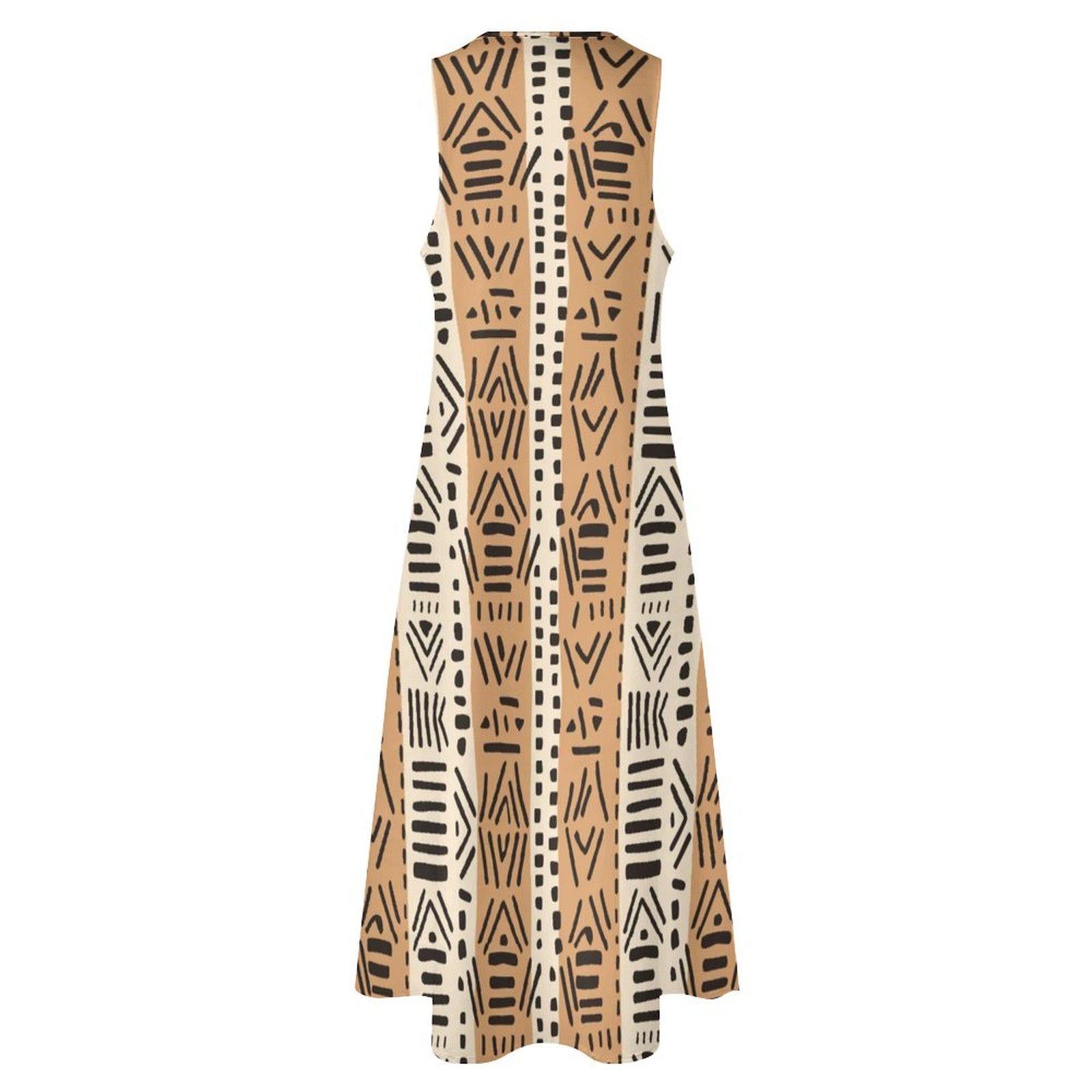 Brown Tones - Womens - Sleeveless Ankle-length Dress - African - Mud Cloth Pattern