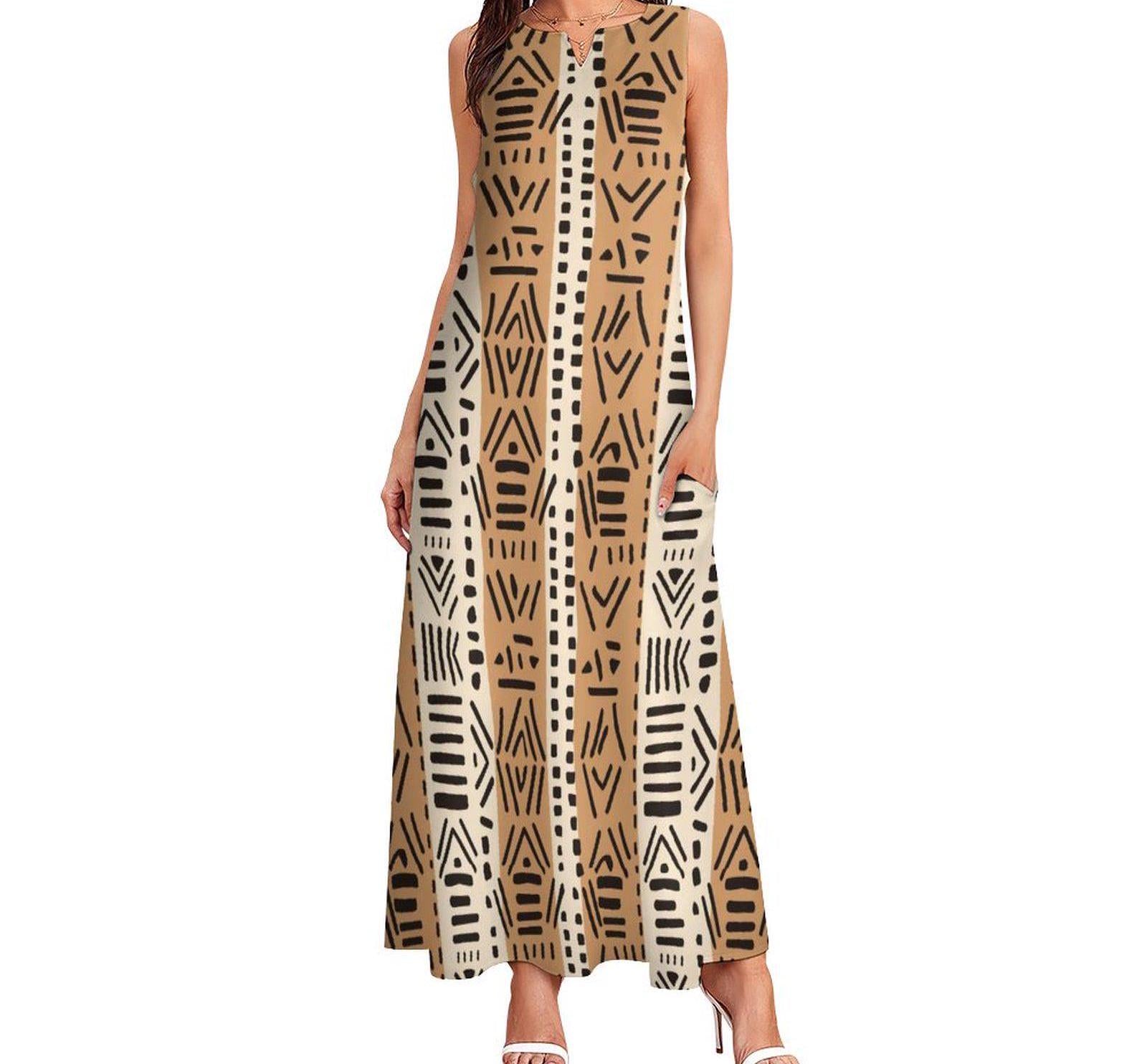 Brown Tones - Womens - Sleeveless Ankle-length Dress - African - Mud Cloth Pattern