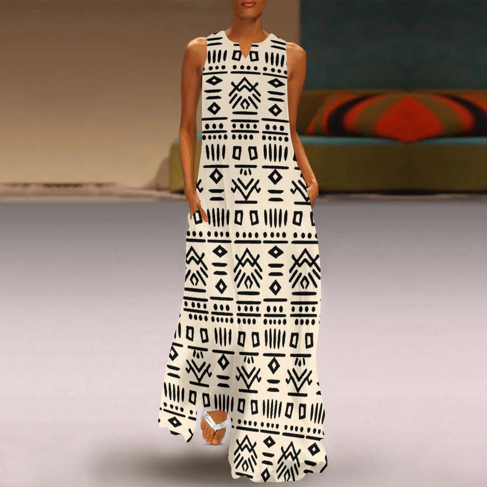 Neutral Blk -  Womens - Sleeveless Ankle-length Dress - African - Mud Cloth Pattern