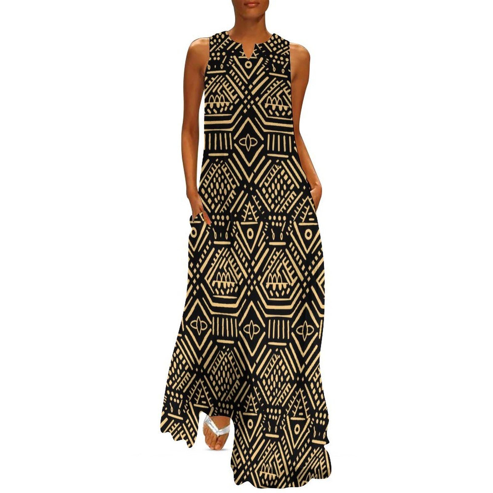 Blk Afrocentric - Womens - Sleeveless Ankle-length Dress - African - Mud cloth Pattern - Dresses - KumbatiaKulture