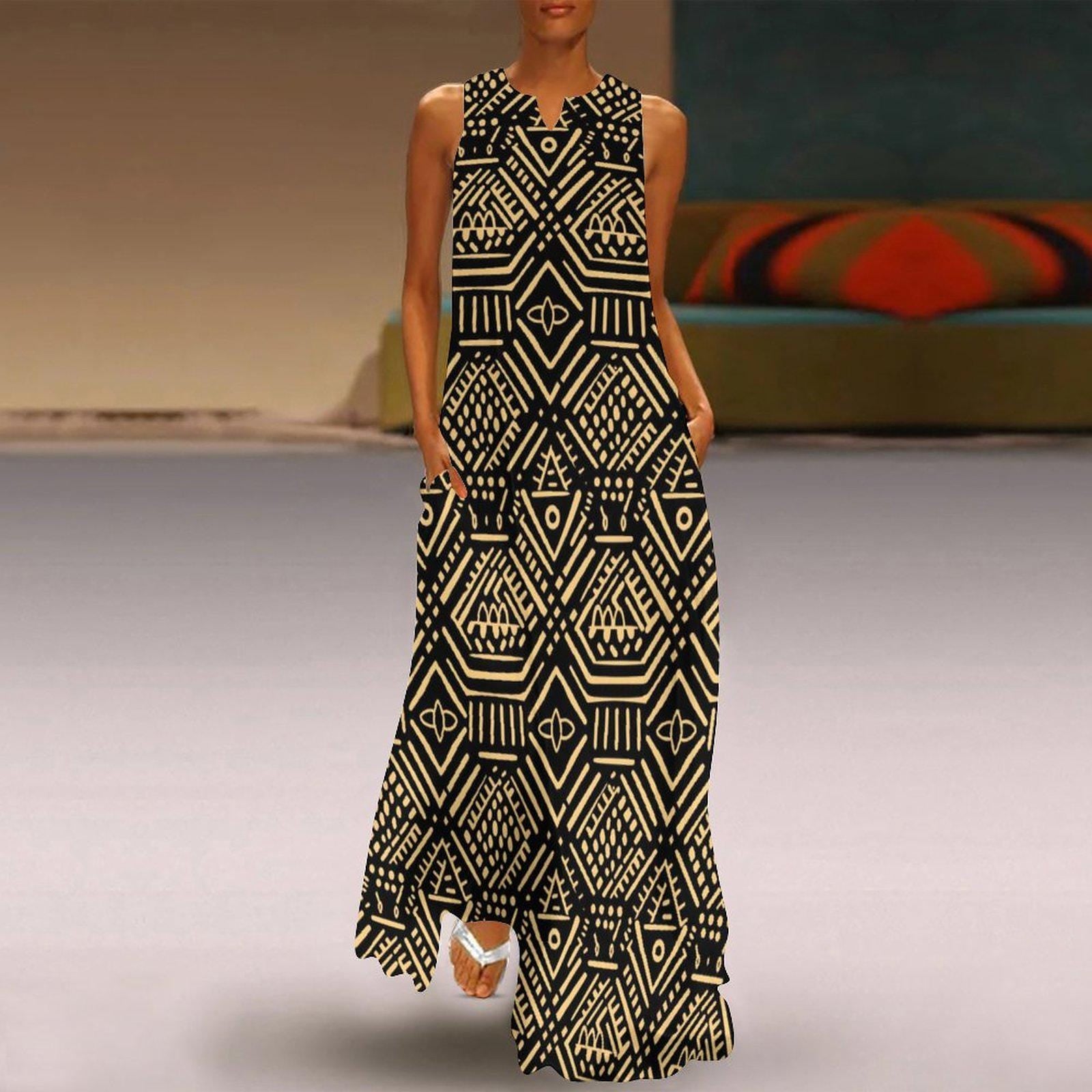 Blk Afrocentric - Womens - Sleeveless Ankle-length Dress - African - Mud cloth Pattern - Dresses - KumbatiaKulture