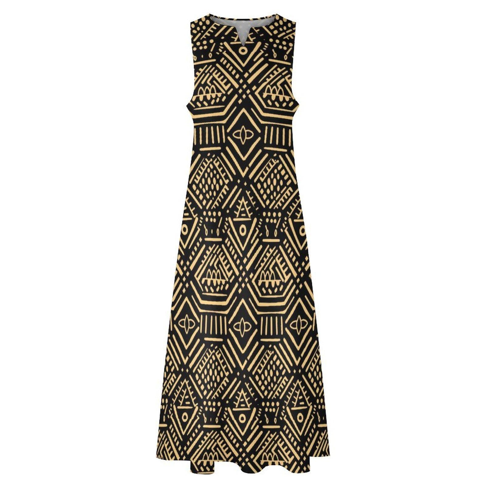 Blk Afrocentric - Womens - Sleeveless Ankle-length Dress - African - Mud cloth Pattern - Dresses - KumbatiaKulture