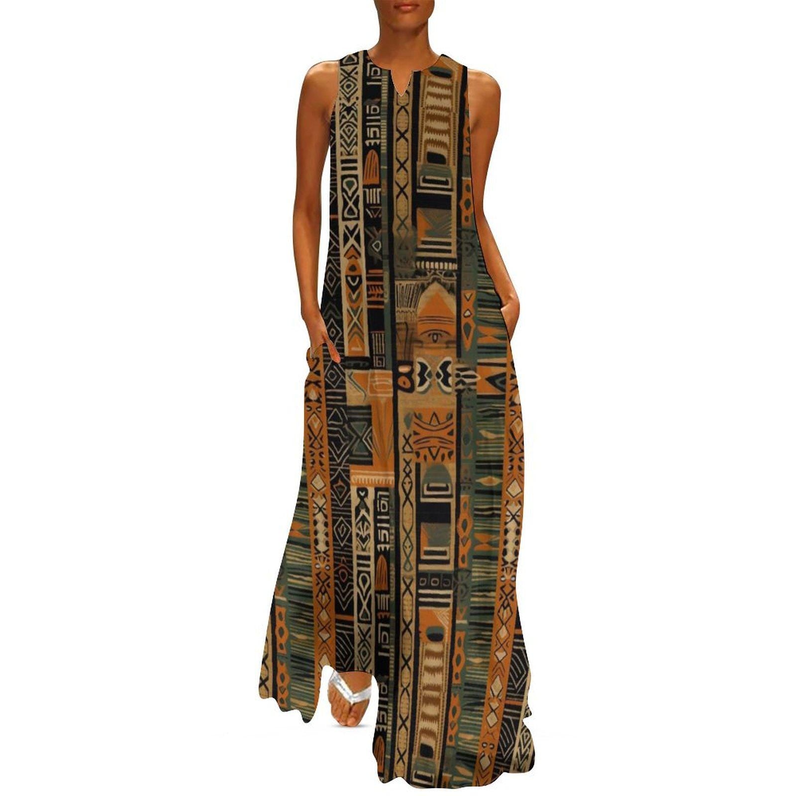 Earth Bound - Womens - Sleeveless Ankle-length Dress - African- mud cloth Pattern