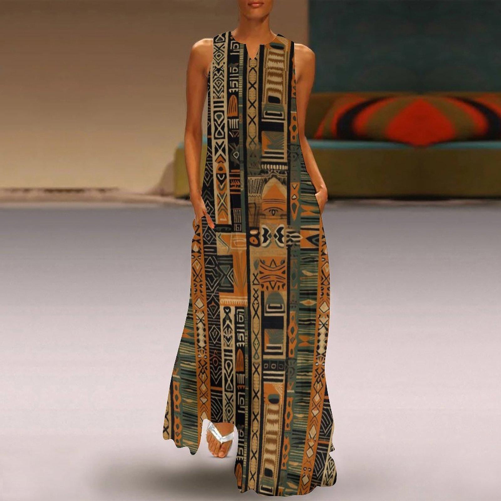 Earth Bound - Womens - Sleeveless Ankle-length Dress - African- mud cloth Pattern