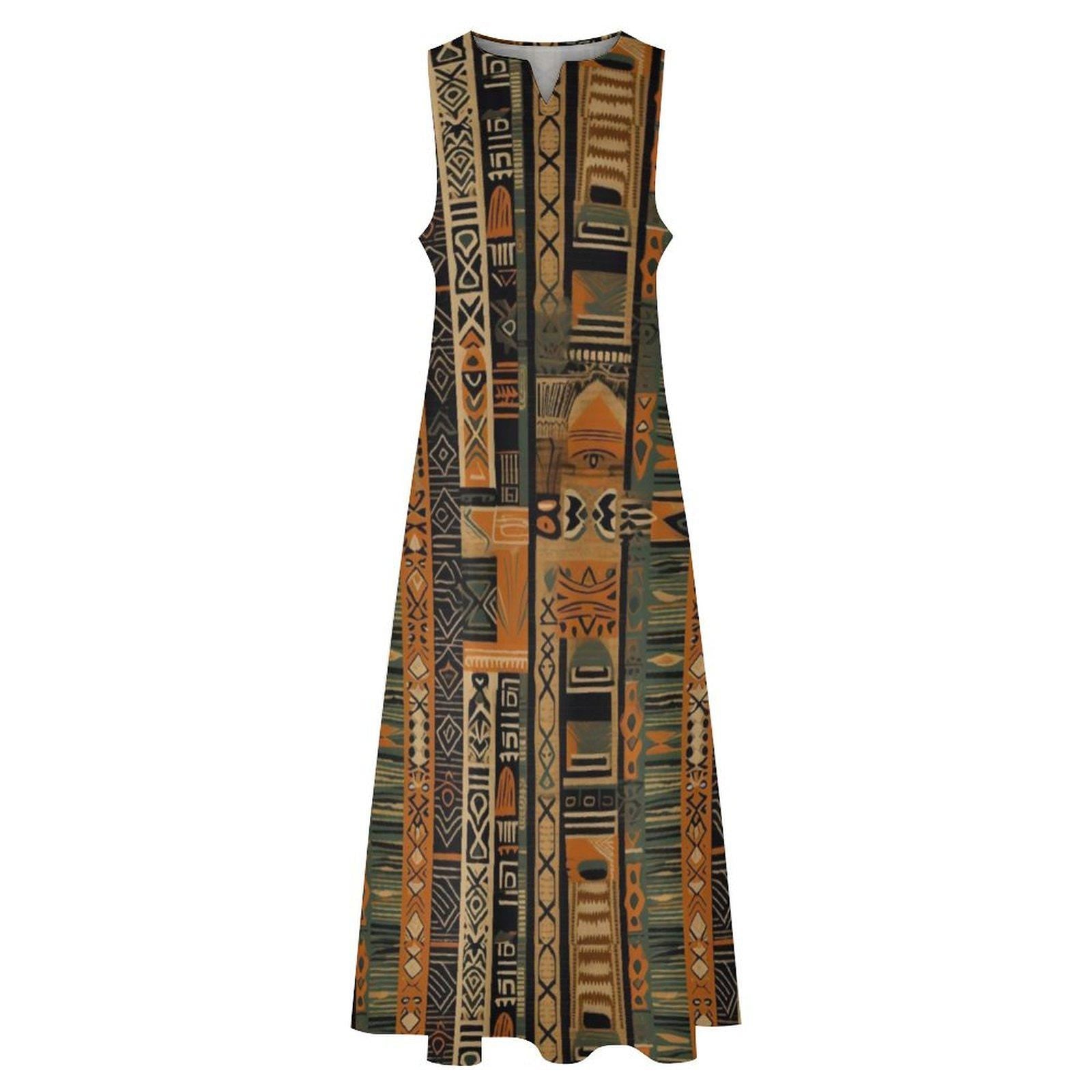 Earth Bound - Womens - Sleeveless Ankle-length Dress - African- mud cloth Pattern