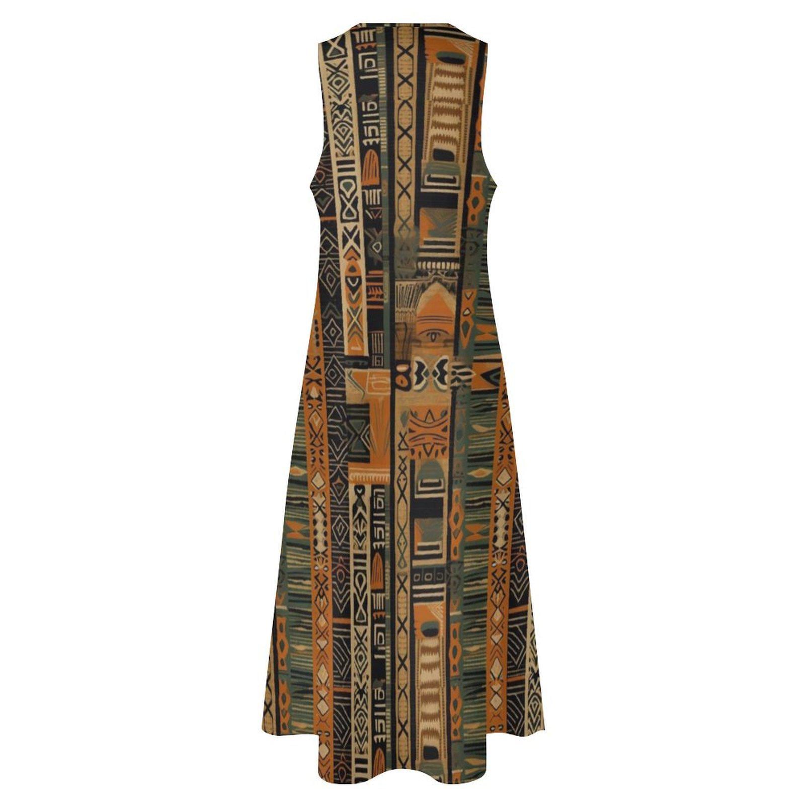 Earth Bound - Womens - Sleeveless Ankle-length Dress - African- mud cloth Pattern