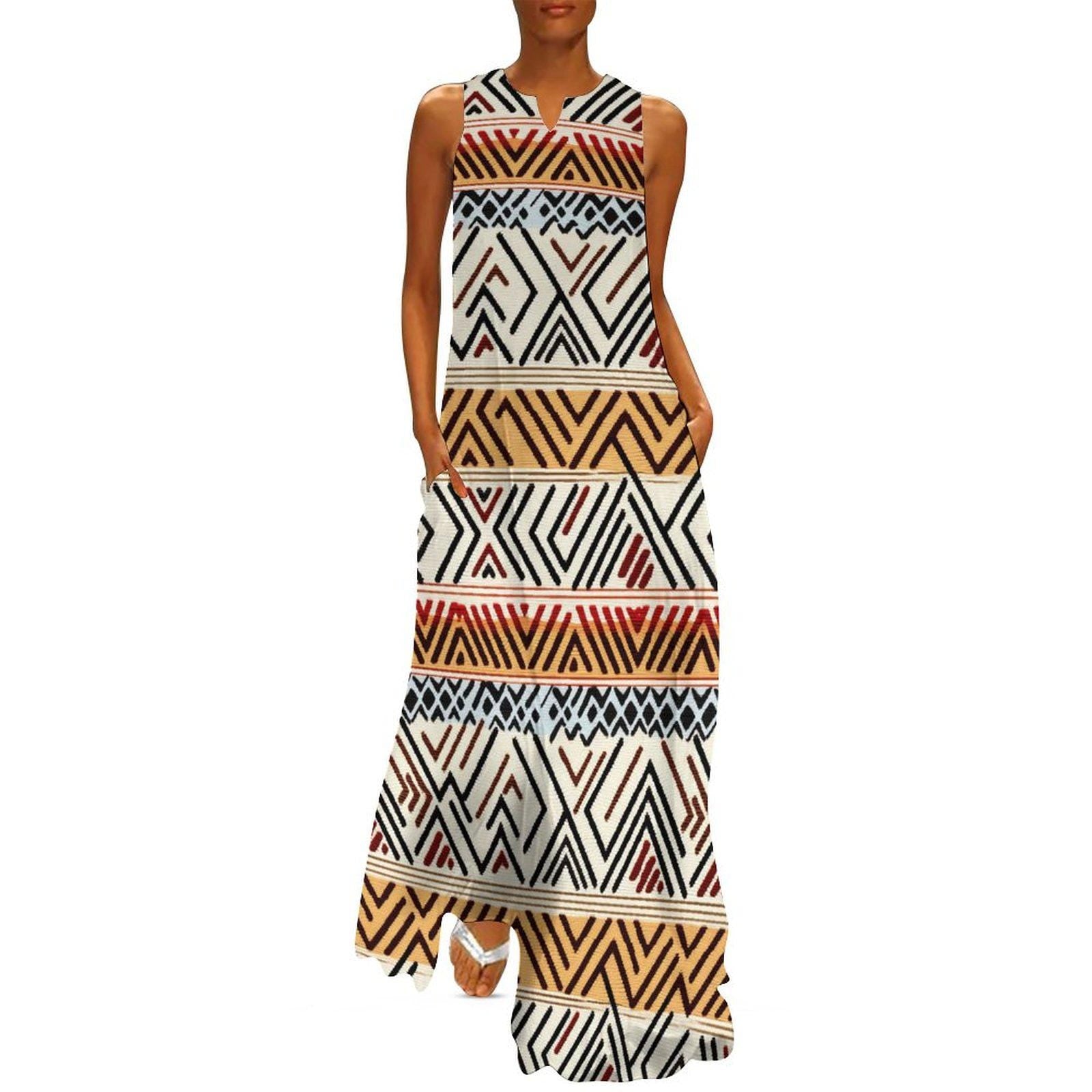 Africa - Womens - Sleeveless Ankle-length Dress - African - Mud cloth Pattern