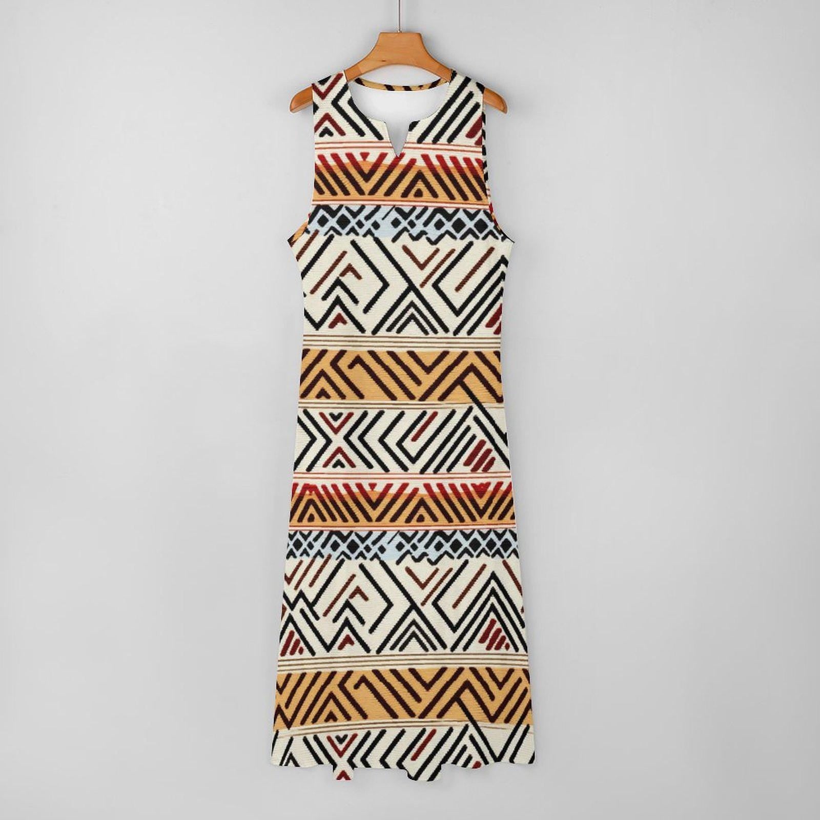 Africa - Womens - Sleeveless Ankle-length Dress - African - Mud cloth Pattern