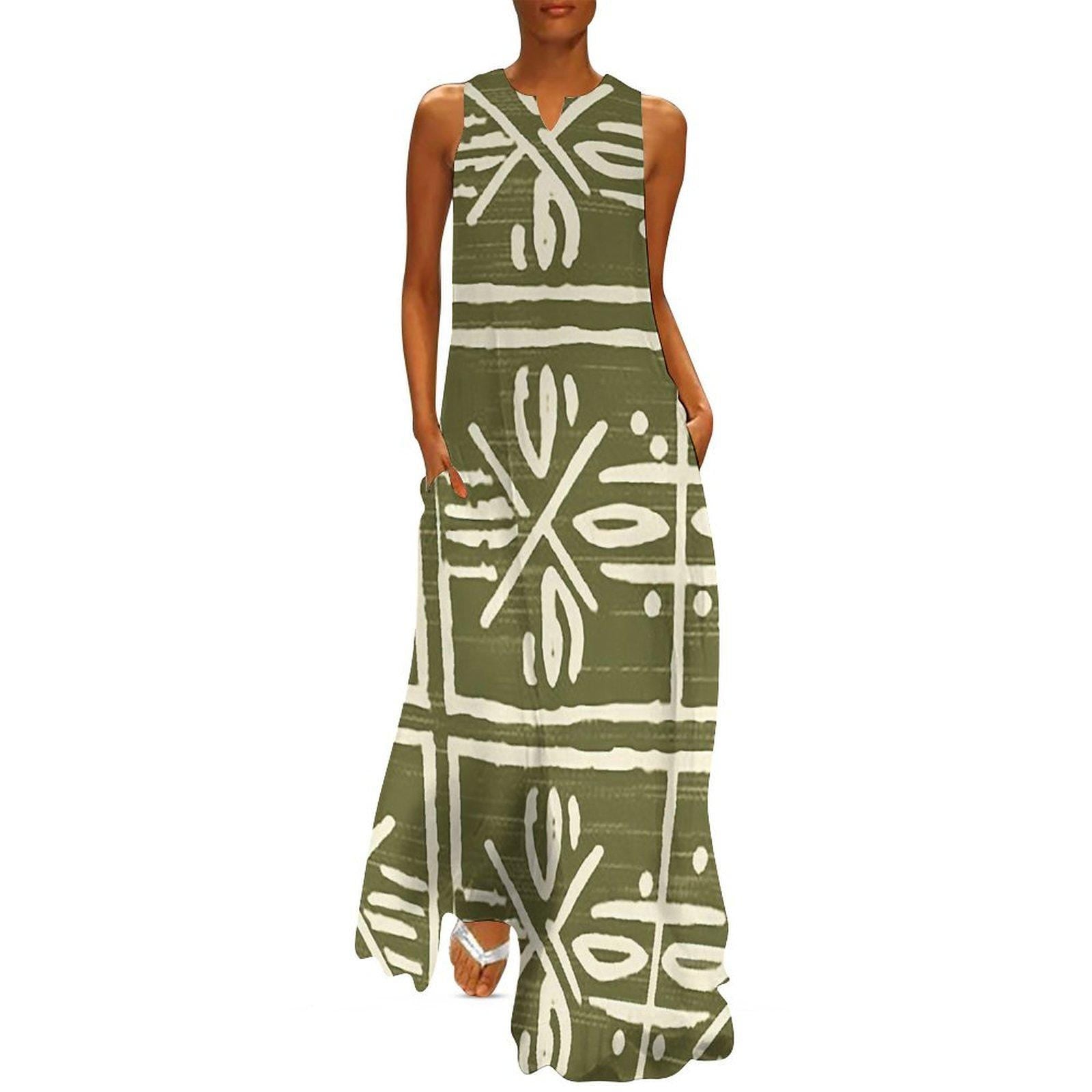 Meadows -  Womens - Sleeveless Ankle-length Dress - African - Mud Cloth Pattern