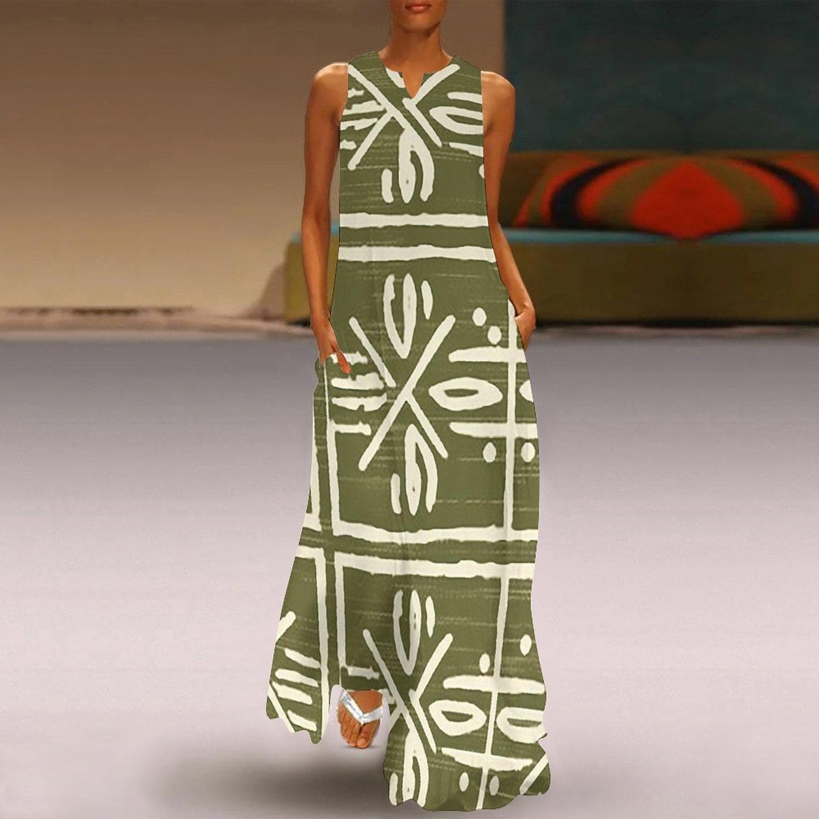 Meadows -  Womens - Sleeveless Ankle-length Dress - African - Mud Cloth Pattern