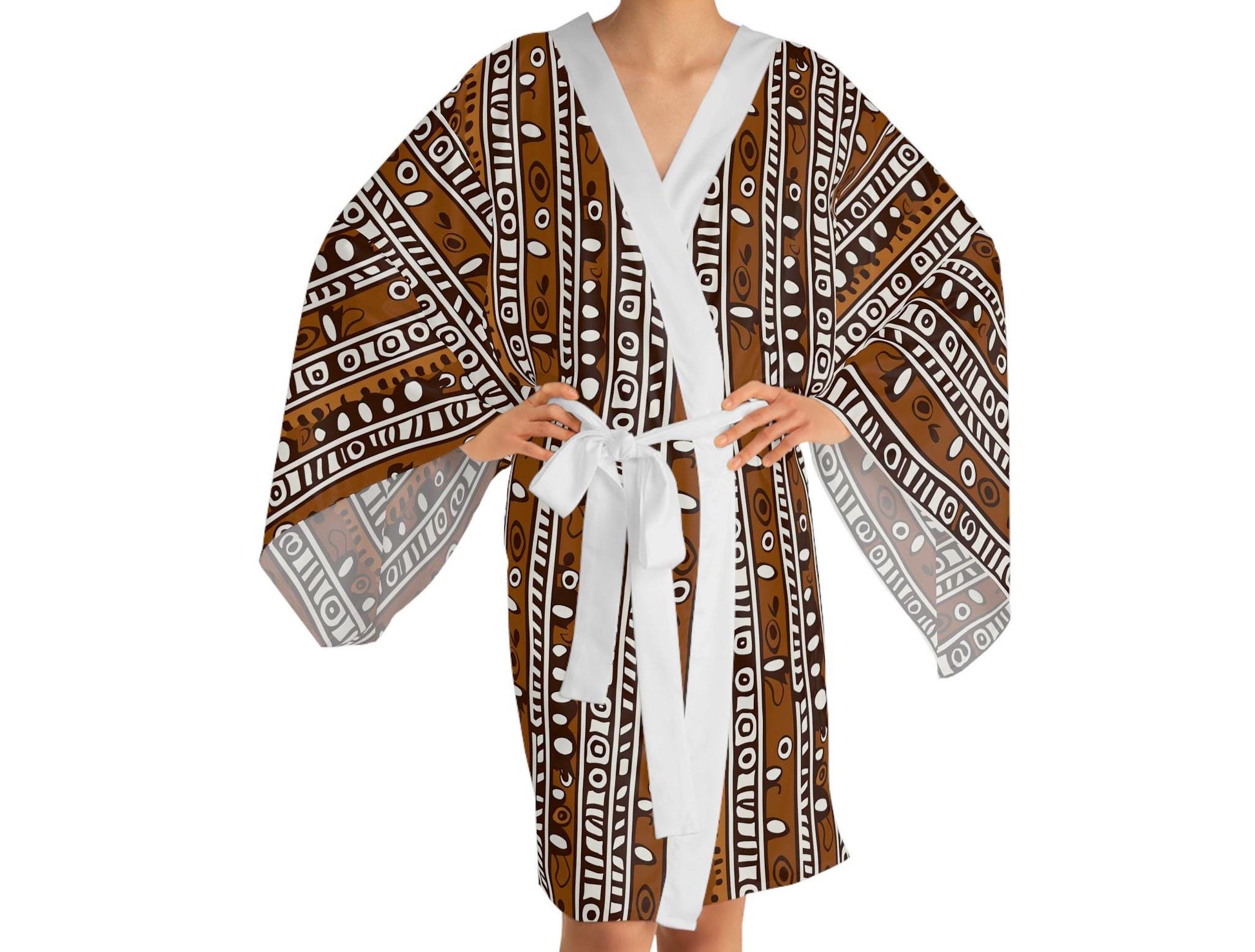 Earthy - Womens - Long Sleeve Kimono Robe - African Mud cloth Pattern