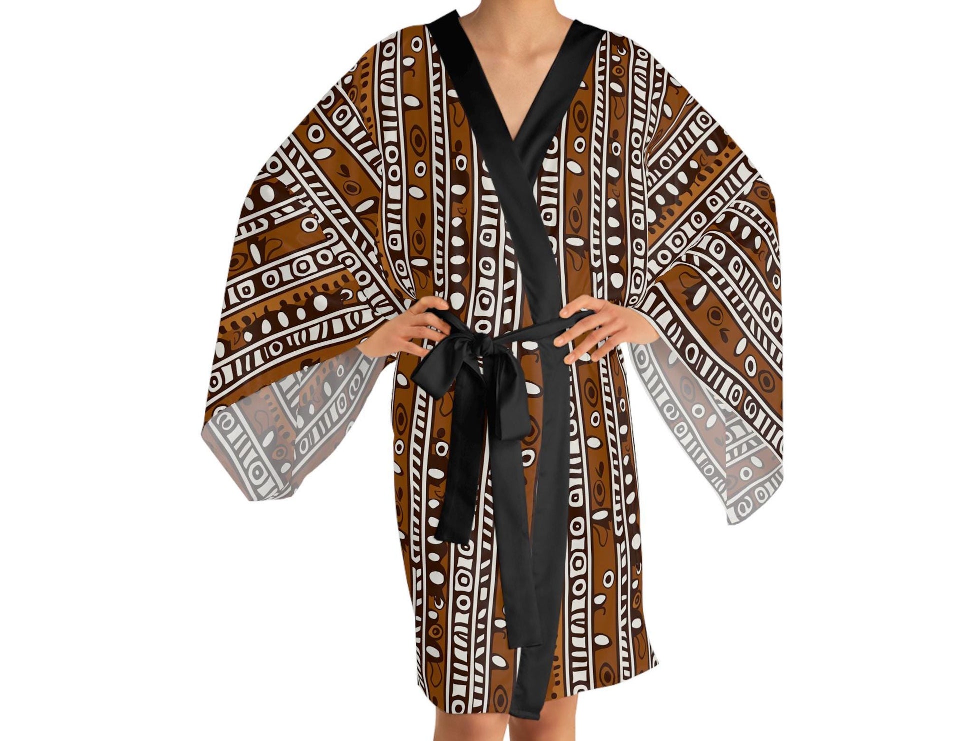 Earthy - Womens - Long Sleeve Kimono Robe - African Mud cloth Pattern