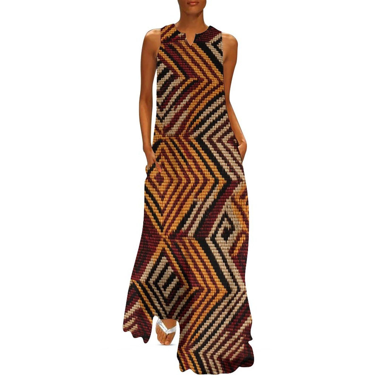 Mud Slide - Womens - Sleeveless Ankle-length Dress - African - Mud cloth Pattern