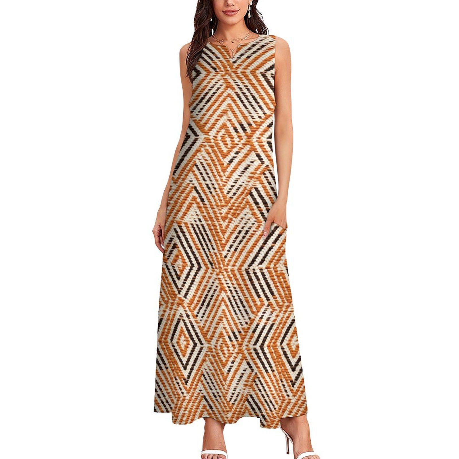 Oranje - Womens - Sleeveless - Ankle-length Dress - African - Muc Cloth pattern - Dresses - KumbatiaKulture