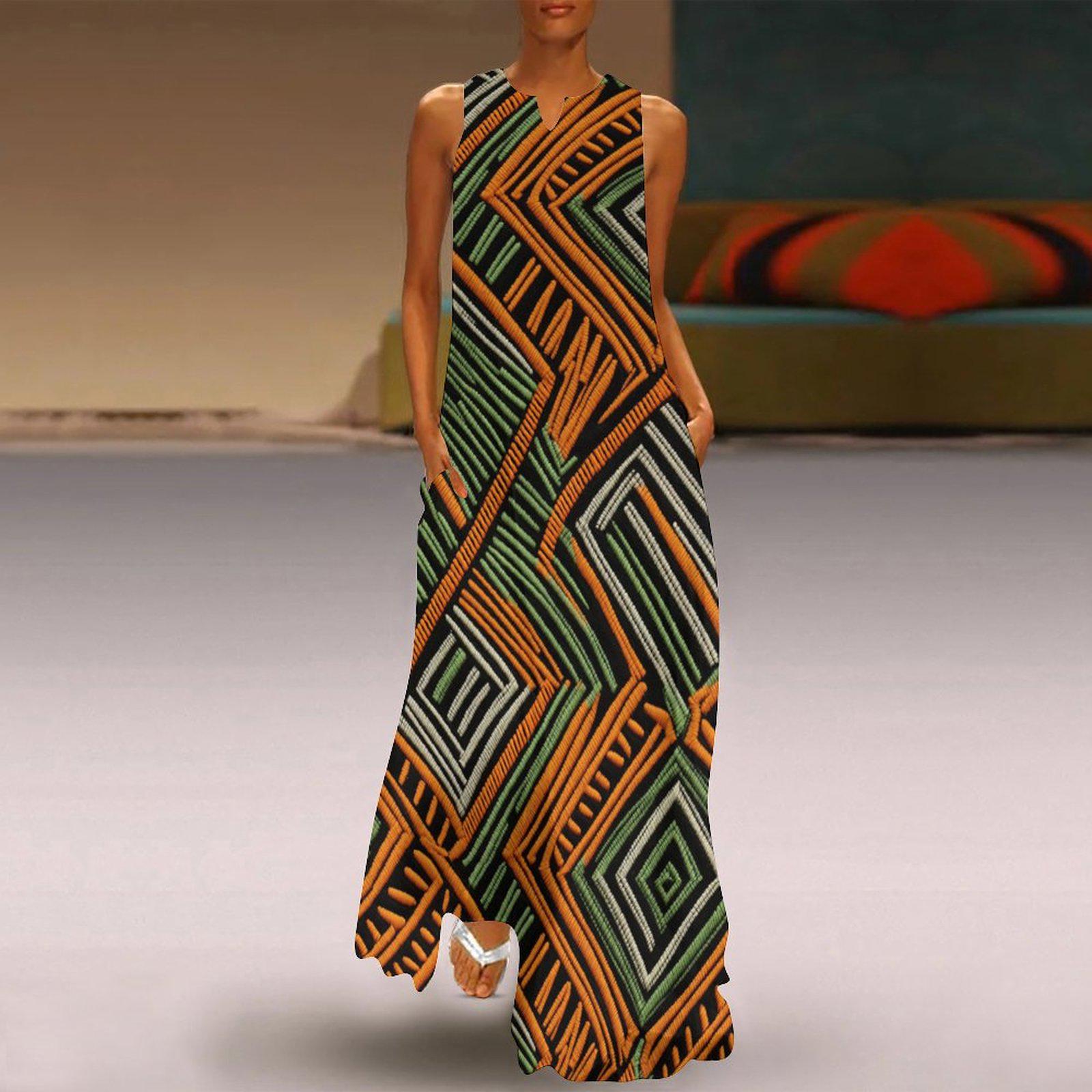 Osan - Womens - Sleeveless - Orange and Green Ankle-length Dress - Mud cloth Pattern