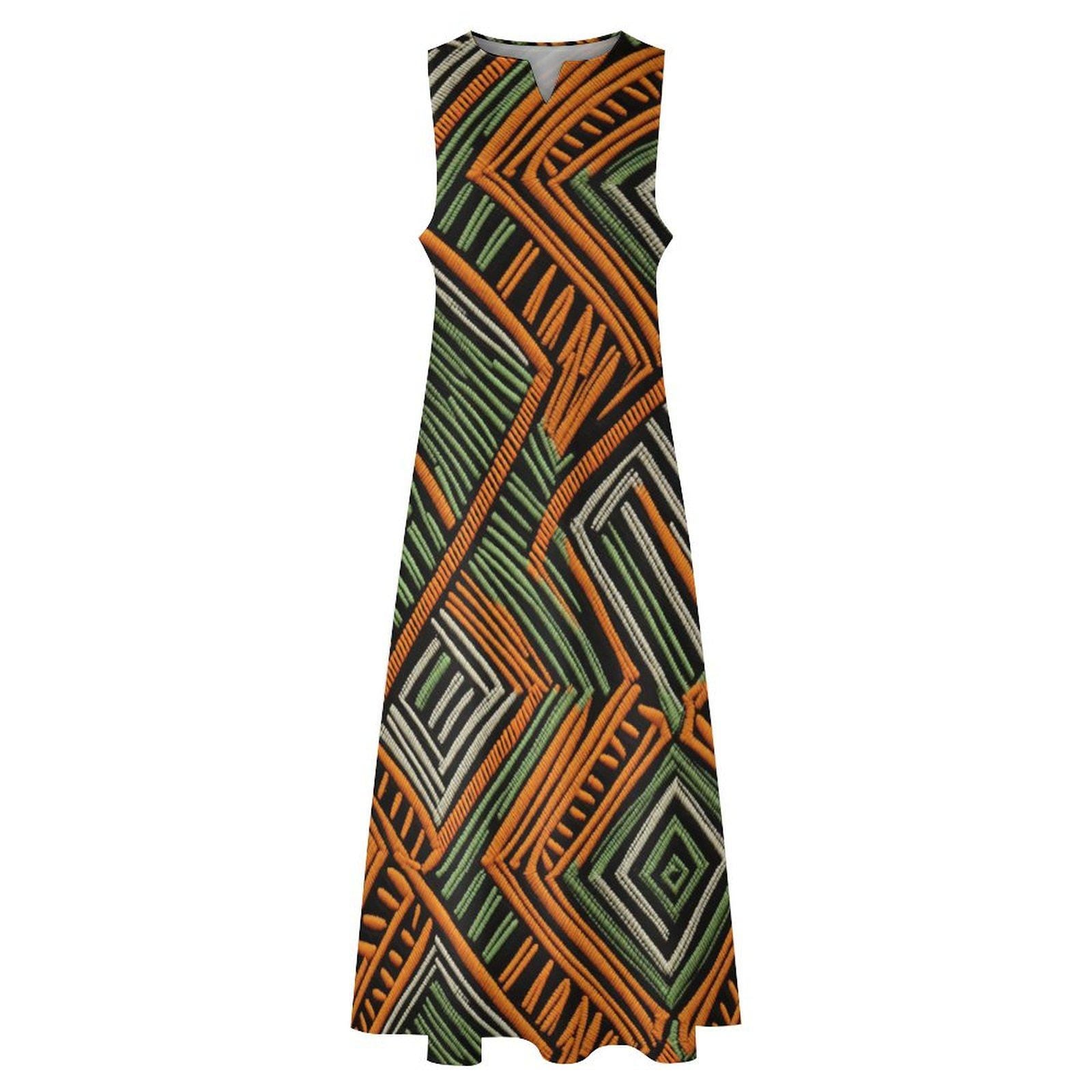 Osan - Womens - Sleeveless - Orange and Green Ankle-length Dress - Mud cloth Pattern