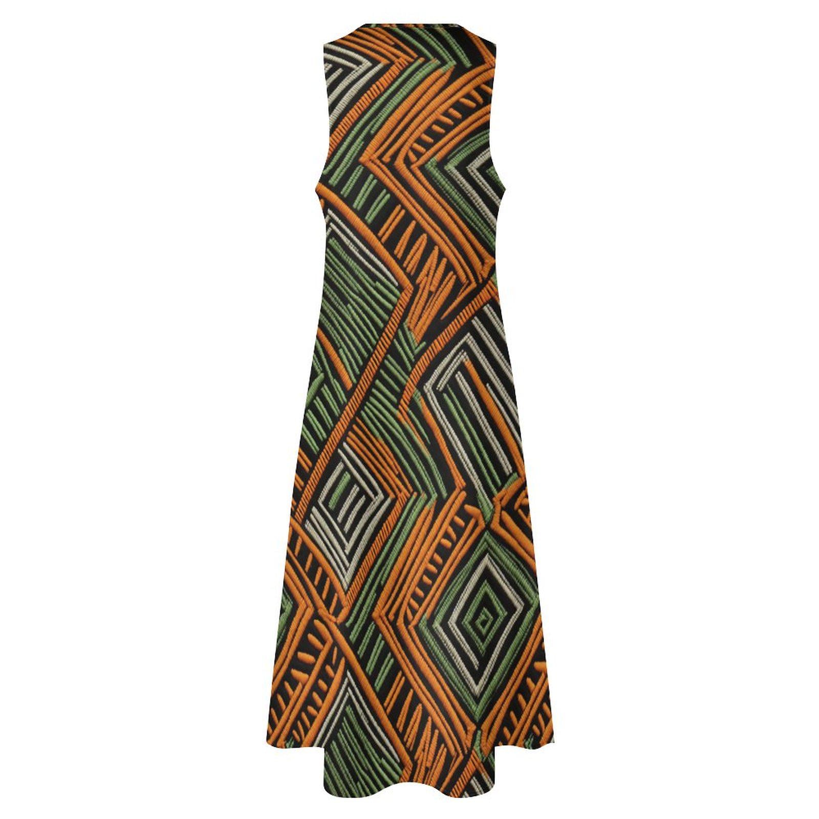 Osan - Womens - Sleeveless - Orange and Green Ankle-length Dress - Mud cloth Pattern