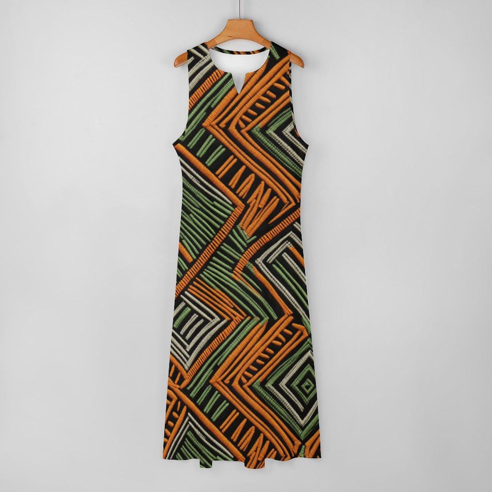 Osan - Womens - Sleeveless - Orange and Green Ankle-length Dress - Mud cloth Pattern