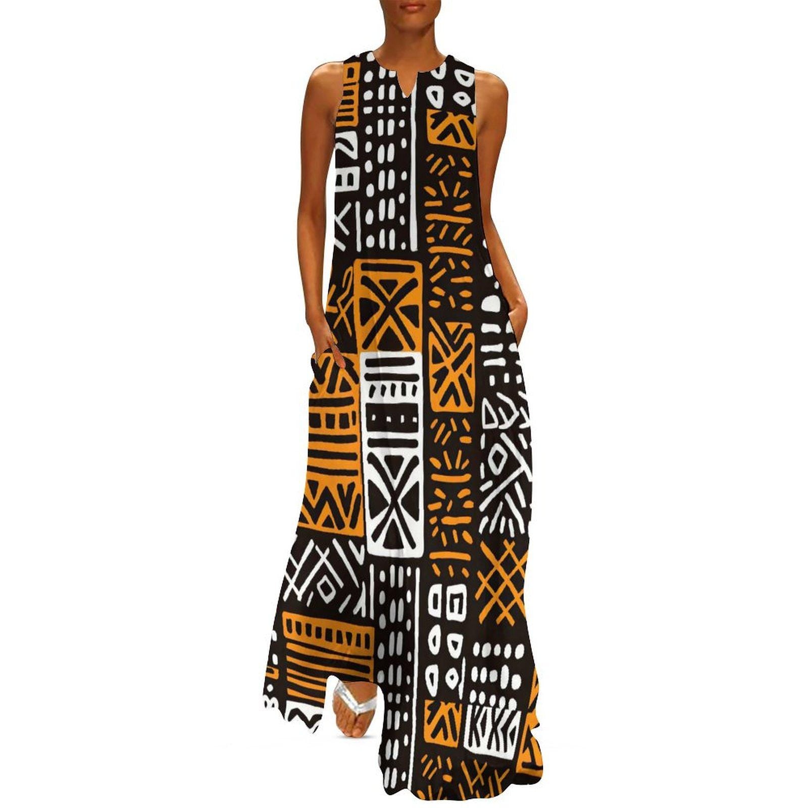 Machungwa - Womens - Sleeveless Ankle-length Dress - African Mud cloth Pattern