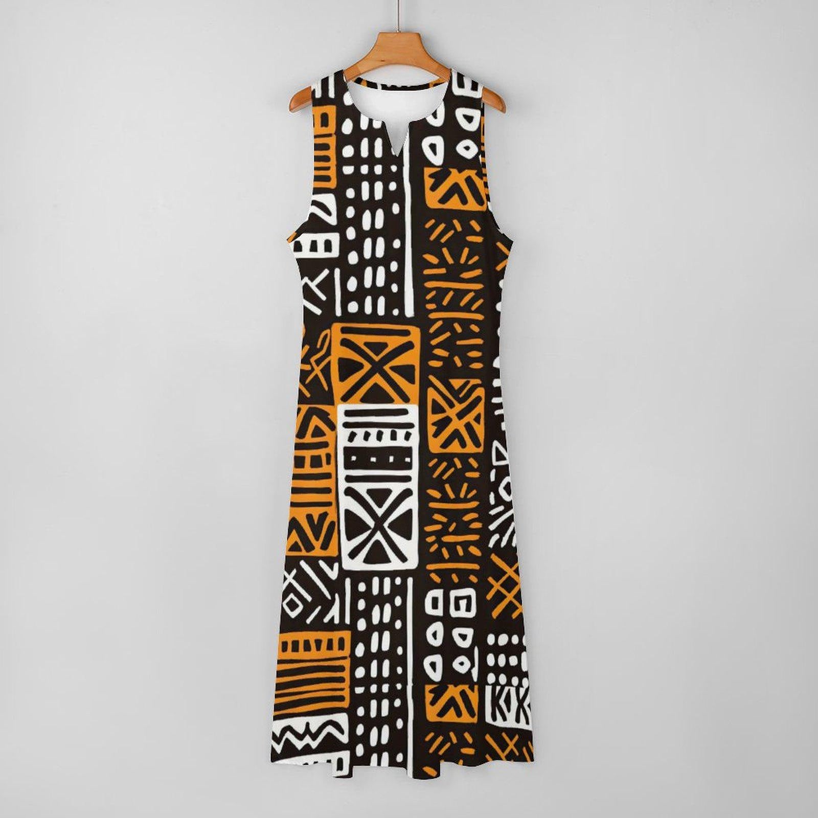 Machungwa - Womens - Sleeveless Ankle-length Dress - African Mud cloth Pattern