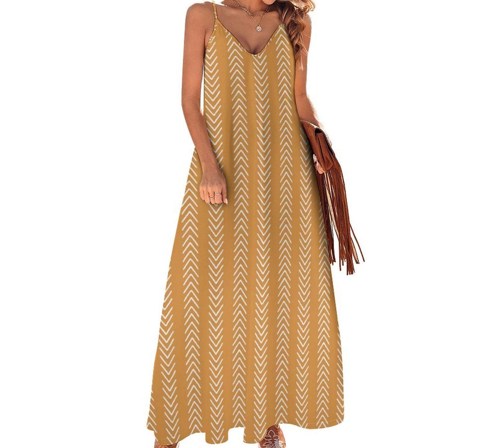 Honey Yellow - Womens - Ankle-length Slip Dress - African -  Mud Cloth Pattern