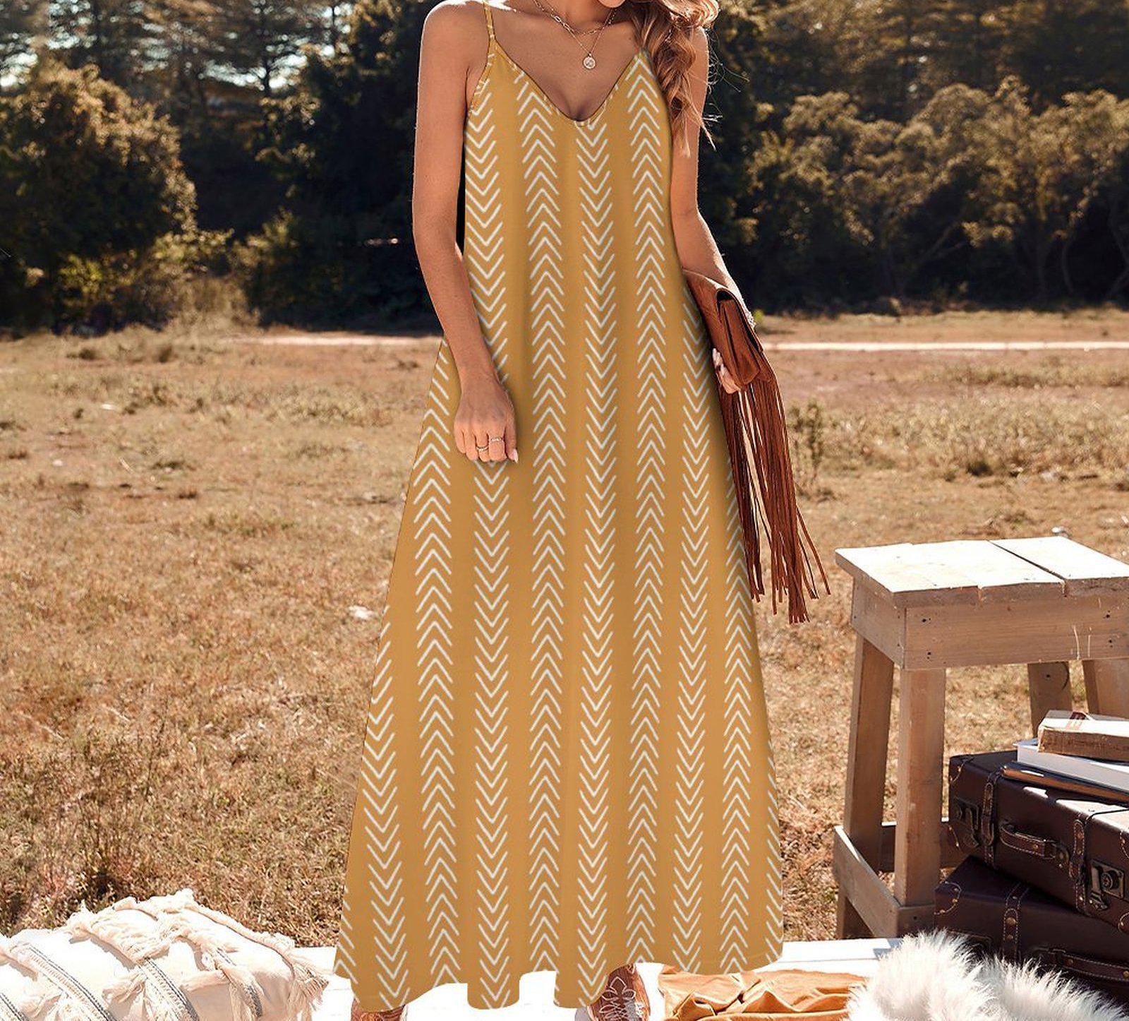 Honey Yellow - Womens - Ankle-length Slip Dress - African -  Mud Cloth Pattern