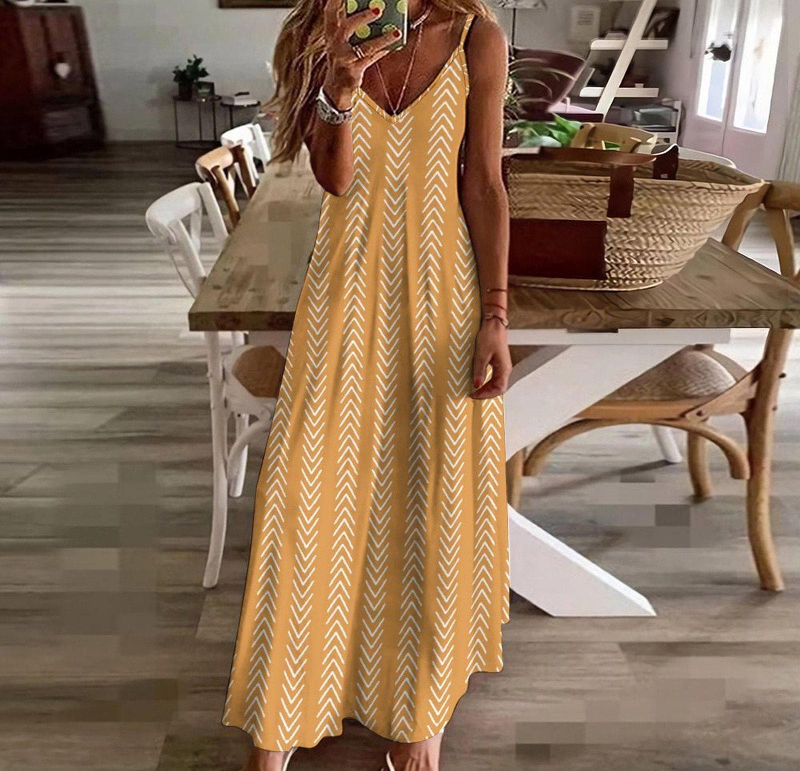 Honey Yellow - Womens - Ankle-length Slip Dress - African -  Mud Cloth Pattern