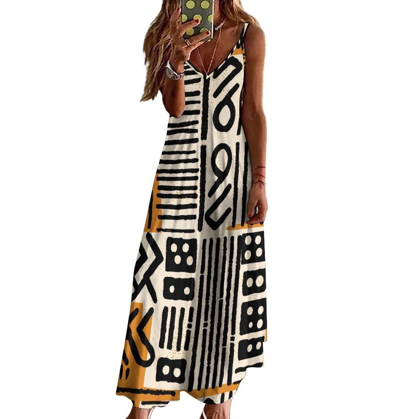 Afrocentric Jamila - Womens - Ankle-length Slip Dress - African - Mud Cloth Pattern